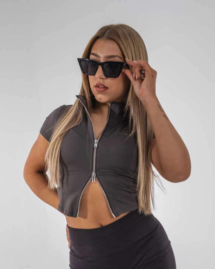 1 x SMALL Zip Crop Top - Charcoal